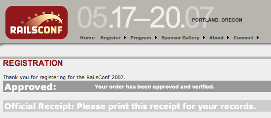 My RailsConf 2007 Registration Confirmation